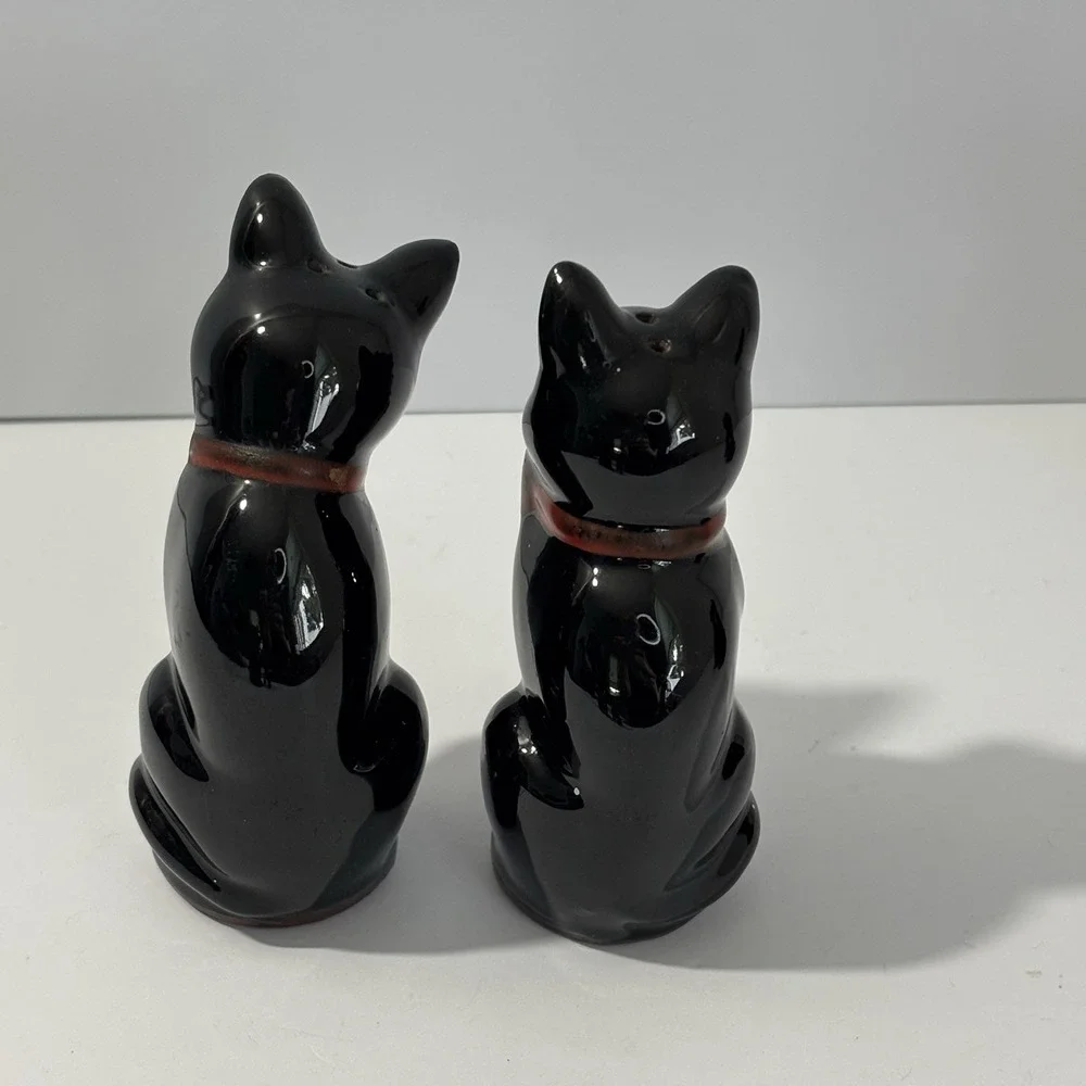 Vintage Shafford Black Cat Salt Pepper Shakers Set Redware Green Eyes Japan